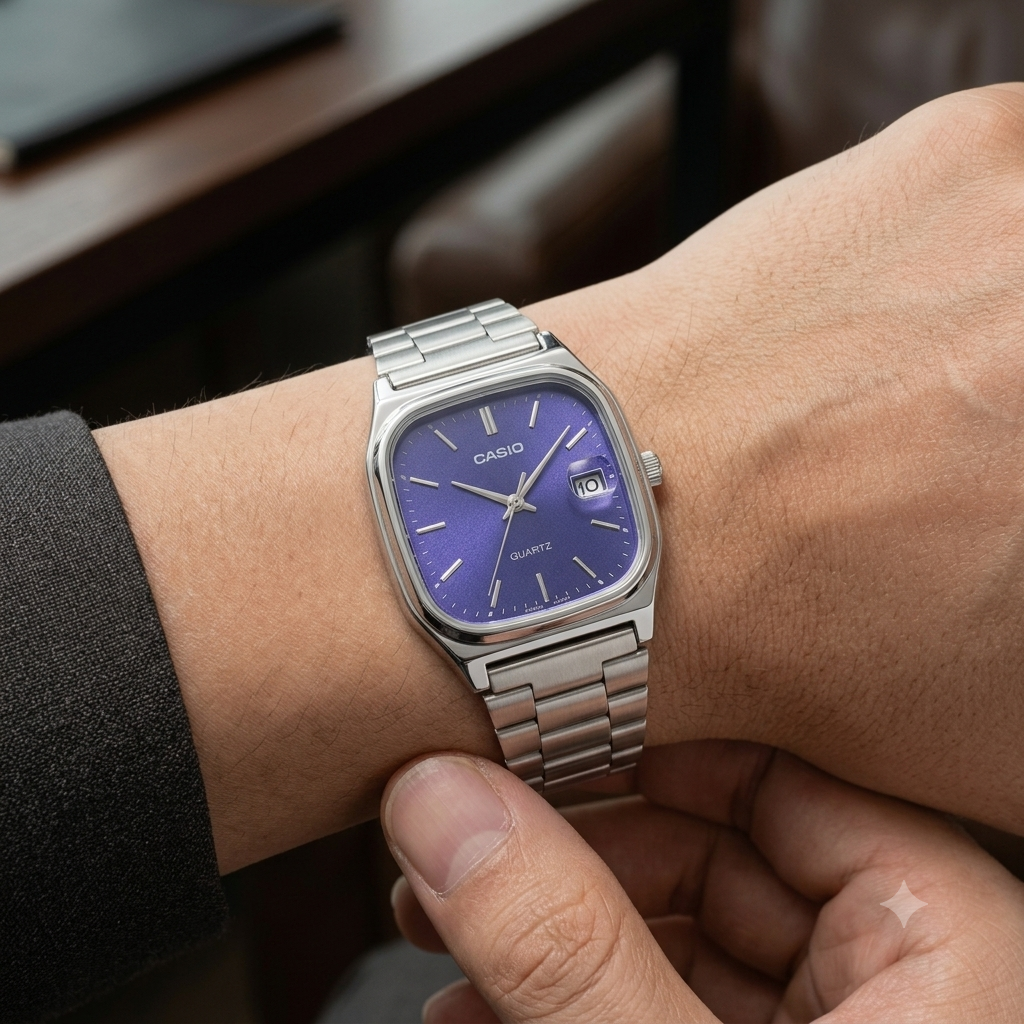 Casio Vintage Düzbucaqlı Polad Qol Saatı - Tünd Bənövşəyi Siferblat