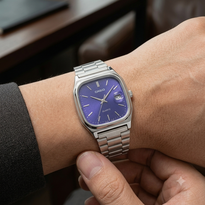 Casio Vintage Düzbucaqlı Polad Qol Saatı - Tünd Bənövşəyi Siferblat